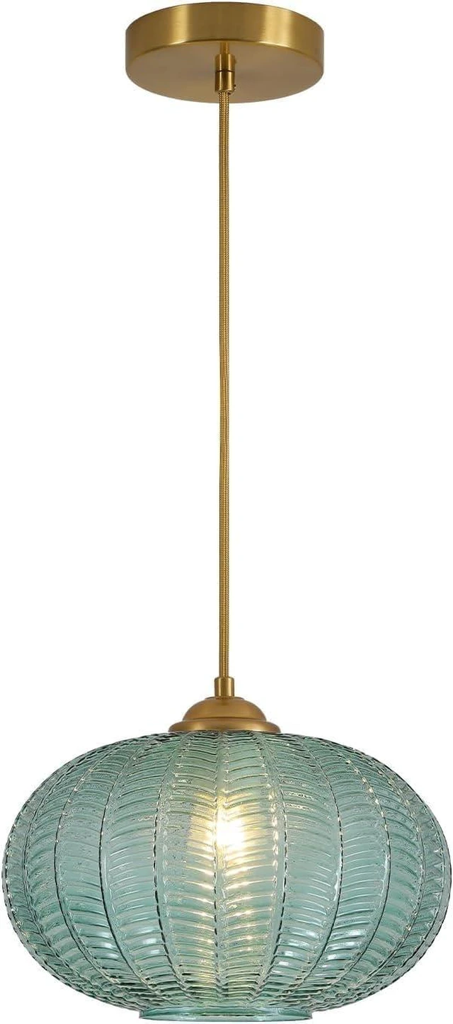 Main image of KCO Vintage Brushed Gold 9.8 Oval Green Ribbed Glass Pendant Light Fixture