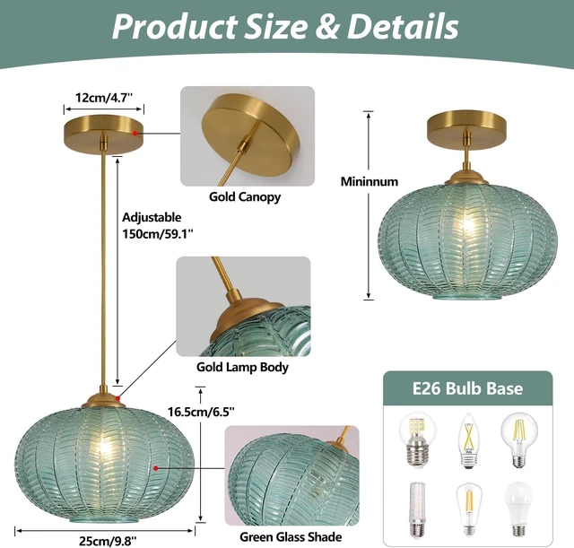 Alt view image 2 of 7 - KCO Vintage Brushed Gold 9.8 Oval Green Ribbed Glass Pendant Light Fixture
