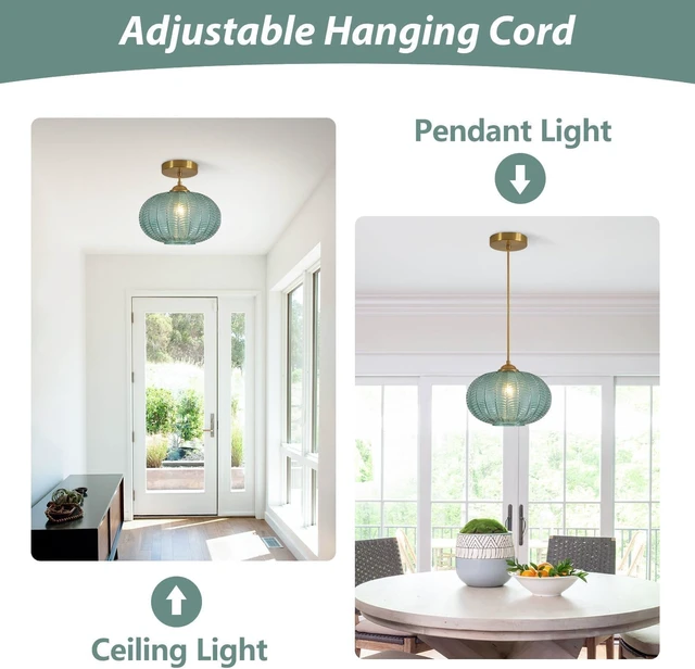 Alt view image 3 of 7 - KCO Vintage Brushed Gold 9.8 Oval Green Ribbed Glass Pendant Light Fixture