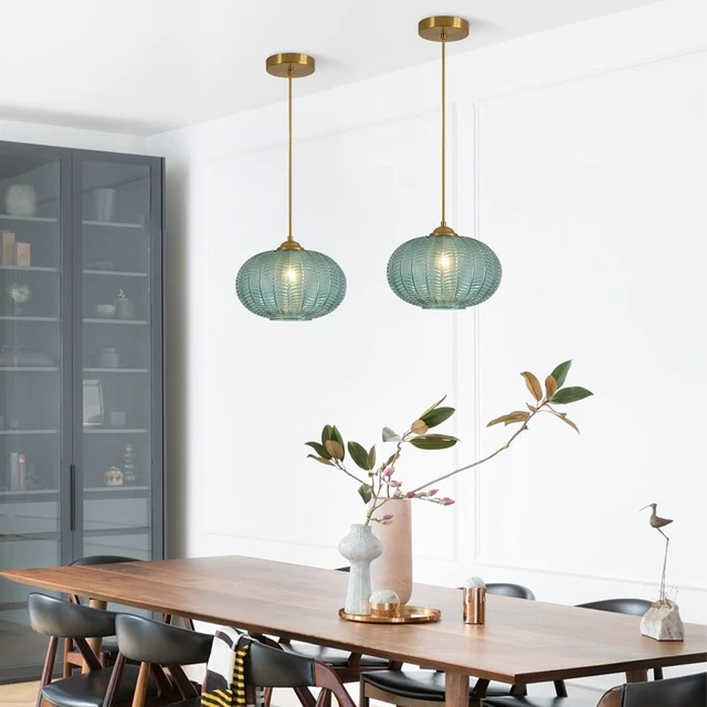 Alt view image 5 of 7 - KCO Vintage Brushed Gold 9.8 Oval Green Ribbed Glass Pendant Light Fixture