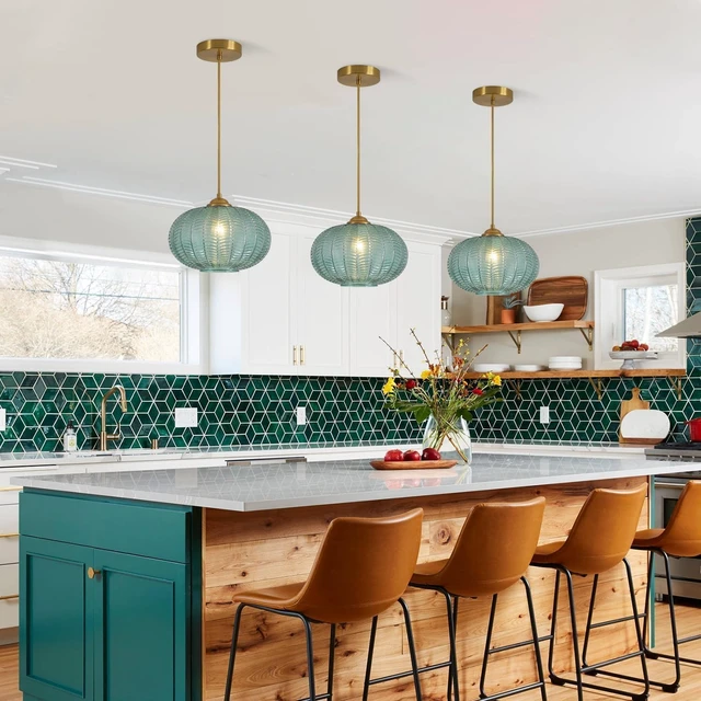 Alt view image 7 of 7 - KCO Vintage Brushed Gold 9.8 Oval Green Ribbed Glass Pendant Light Fixture