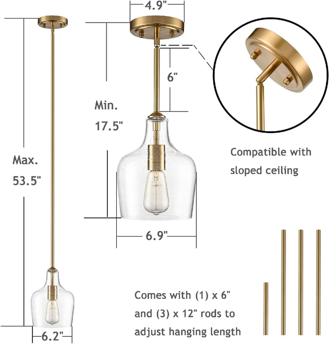 Alt view image 3 of 7 - Modern Farmhouse Gold Rod Pendant Light, Fits Sloped Ceilings