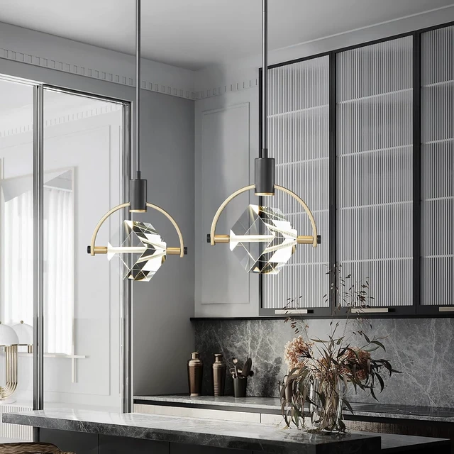 Alt view image 2 of 7 - Pendant Ceiling Light Fixture for Kitchen Island, Dimmable Modern Integrated LED Hanging Light, Crystal Pendant Light in Black Gold Finish, Bedroom, Dining Room (1-Lights)