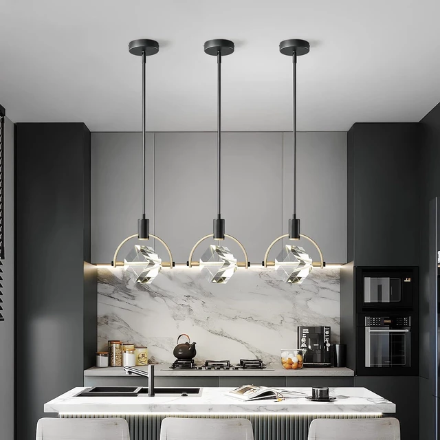 Alt view image 3 of 7 - Pendant Ceiling Light Fixture for Kitchen Island, Dimmable Modern Integrated LED Hanging Light, Crystal Pendant Light in Black Gold Finish, Bedroom, Dining Room (1-Lights)