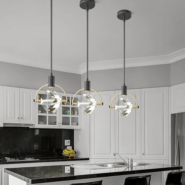 Alt view image 4 of 7 - Pendant Ceiling Light Fixture for Kitchen Island, Dimmable Modern Integrated LED Hanging Light, Crystal Pendant Light in Black Gold Finish, Bedroom, Dining Room (1-Lights)