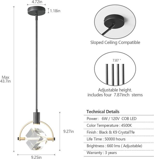 Alt view image 5 of 7 - Pendant Ceiling Light Fixture for Kitchen Island, Dimmable Modern Integrated LED Hanging Light, Crystal Pendant Light in Black Gold Finish, Bedroom, Dining Room (1-Lights)