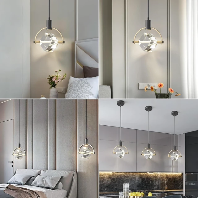 Alt view image 7 of 7 - Pendant Ceiling Light Fixture for Kitchen Island, Dimmable Modern Integrated LED Hanging Light, Crystal Pendant Light in Black Gold Finish, Bedroom, Dining Room (1-Lights)