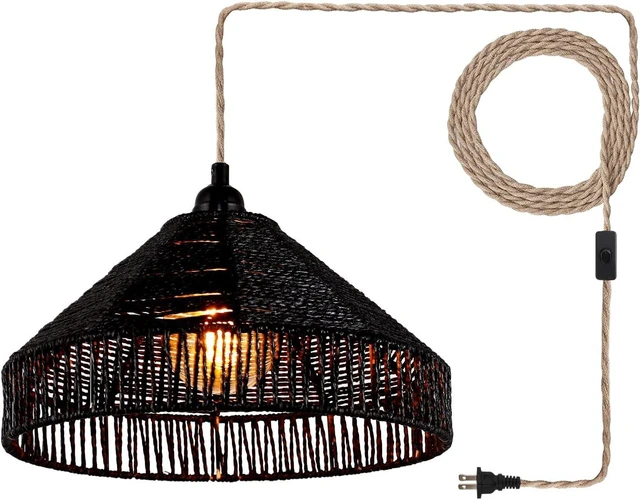 Main image of Plug in Pendant Light Rattan Hanging Lamp with On/Off Switch 15 Ft Hemp Rope Modern Woven Pendant Light Fixtures 12" Handwoven Rattan Basket Shade Boho