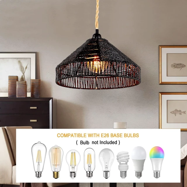 Alt view image 2 of 7 - Plug in Pendant Light Rattan Hanging Lamp with On/Off Switch 15 Ft Hemp Rope Modern Woven Pendant Light Fixtures 12" Handwoven Rattan Basket Shade Boho