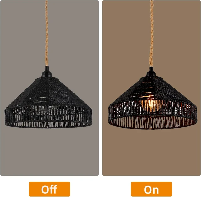 Alt view image 3 of 7 - Plug in Pendant Light Rattan Hanging Lamp with On/Off Switch 15 Ft Hemp Rope Modern Woven Pendant Light Fixtures 12" Handwoven Rattan Basket Shade Boho