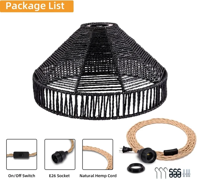 Alt view image 4 of 7 - Plug in Pendant Light Rattan Hanging Lamp with On/Off Switch 15 Ft Hemp Rope Modern Woven Pendant Light Fixtures 12" Handwoven Rattan Basket Shade Boho