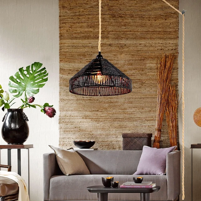 Alt view image 5 of 7 - Plug in Pendant Light Rattan Hanging Lamp with On/Off Switch 15 Ft Hemp Rope Modern Woven Pendant Light Fixtures 12" Handwoven Rattan Basket Shade Boho