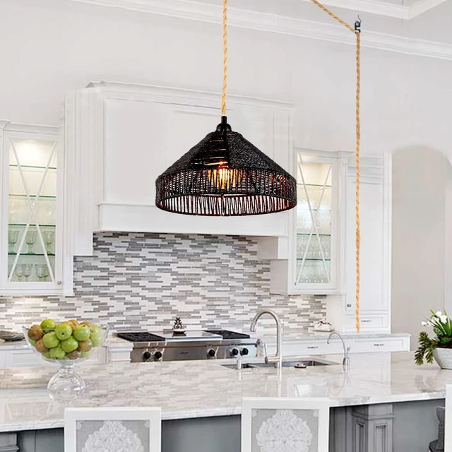Alt view image 6 of 7 - Plug in Pendant Light Rattan Hanging Lamp with On/Off Switch 15 Ft Hemp Rope Modern Woven Pendant Light Fixtures 12" Handwoven Rattan Basket Shade Boho