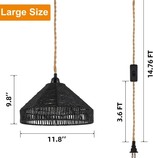 Alt view image 7 of 7 - Plug in Pendant Light Rattan Hanging Lamp with On/Off Switch 15 Ft Hemp Rope Modern Woven Pendant Light Fixtures 12" Handwoven Rattan Basket Shade Boho