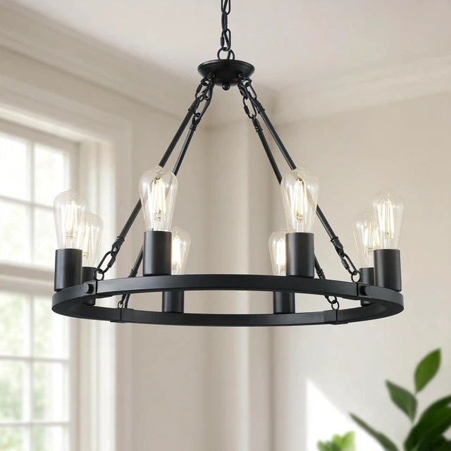 Main image of Wagon Wheel Chandelier 8-Light Black Dining Room Light Fixture