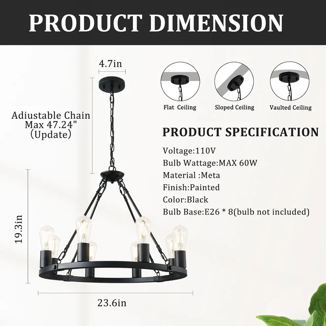 Alt view image 2 of 7 - Wagon Wheel Chandelier 8-Light Black Dining Room Light Fixture