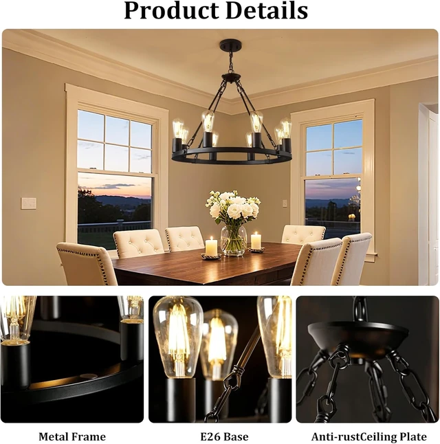 Alt view image 3 of 7 - Wagon Wheel Chandelier 8-Light Black Dining Room Light Fixture