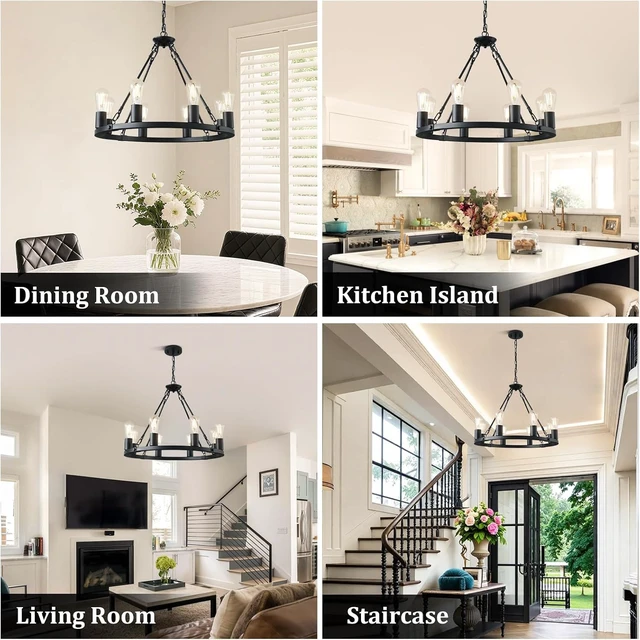 Alt view image 6 of 7 - Wagon Wheel Chandelier 8-Light Black Dining Room Light Fixture