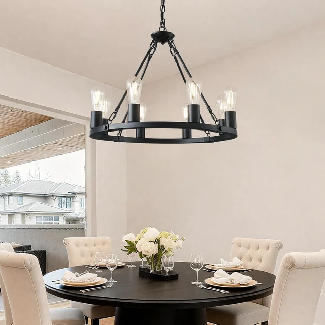 Alt view image 7 of 7 - Wagon Wheel Chandelier 8-Light Black Dining Room Light Fixture