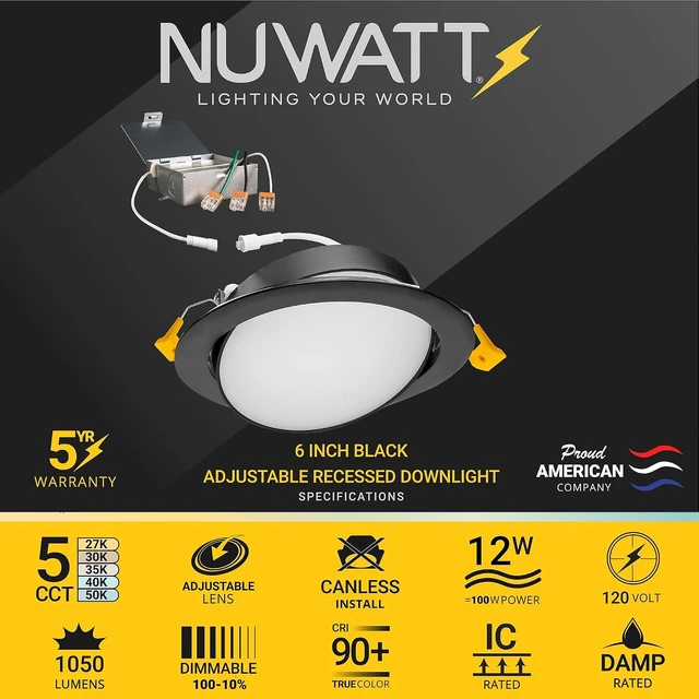 Alt view image 2 of 7 - NUWATT Black 6 Inch Gimbal LED Recessed Light 2700K-5000K, Airtight, 6 Pack
