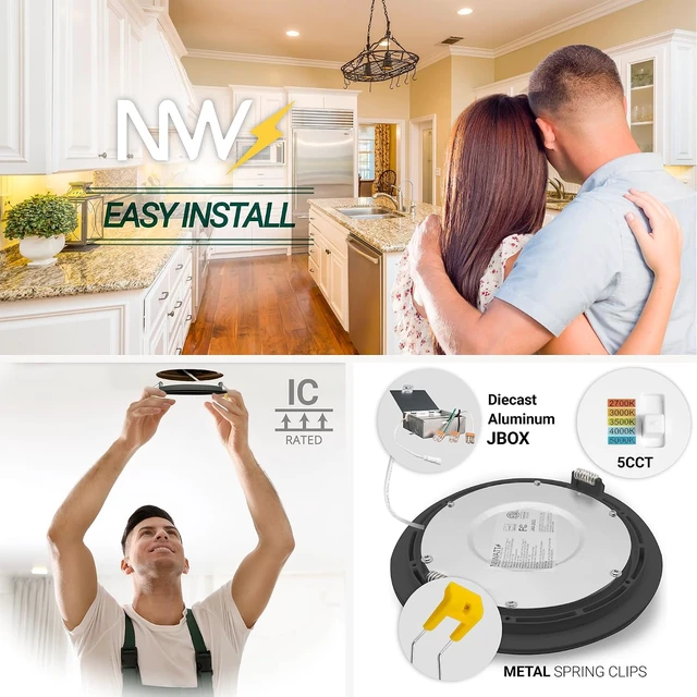Alt view image 5 of 7 - NUWATT Black 6 Inch Gimbal LED Recessed Light 2700K-5000K, Airtight, 6 Pack