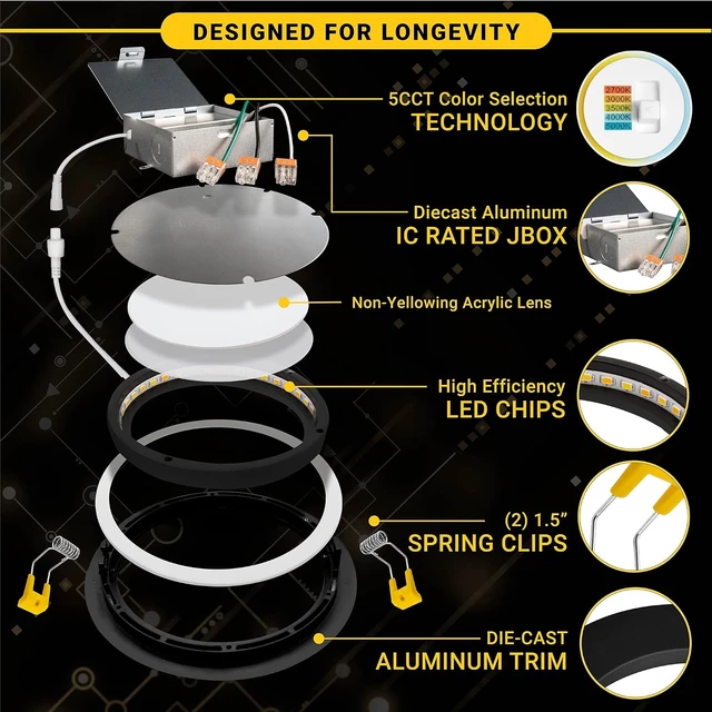 Alt view image 4 of 7 - NUWATT Black 6 Inch Gimbal LED Recessed Light 2700K-5000K, Airtight, 6 Pack