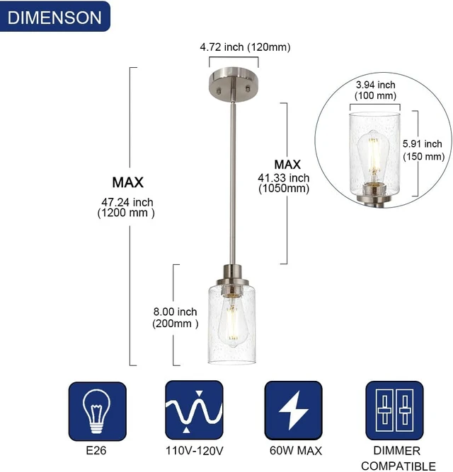 Alt view image 4 of 7 - TODOLUZ Pendant Light Fixture in Brushed Nickel Finish, 1-Light Modern Hanging Lighting Over Table, Adjustable Kitchen Island Lighting for Hallway Bedroom Office Bar Farmhouse