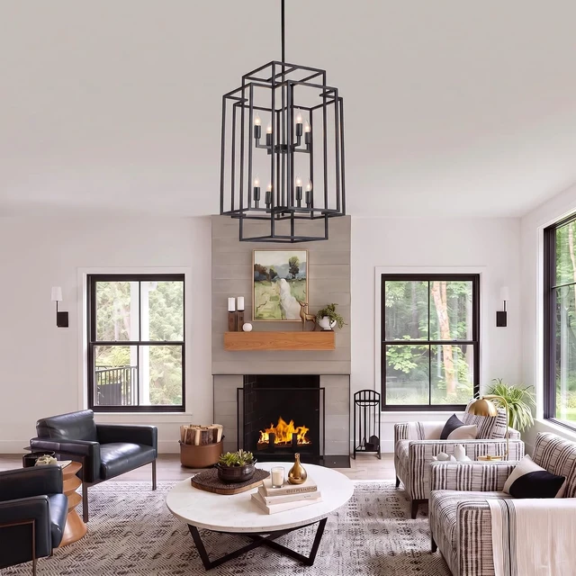 Alt view image 7 of 7 - WJShome Modern Black Chandelier, 31.5" Large Chandeliers for High Ceilings, 8-Light Tiered Lantern Pendant Light, Farmhouse Foyer Lighting Fixtures, for Living Room, Staircase, Entryway