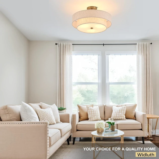 Alt view image 2 of 7 - 18" Gold Semi Flush Mount Ceiling Light, 3-Light Double Drum