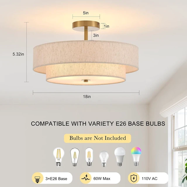 Alt view image 3 of 7 - 18" Gold Semi Flush Mount Ceiling Light, 3-Light Double Drum
