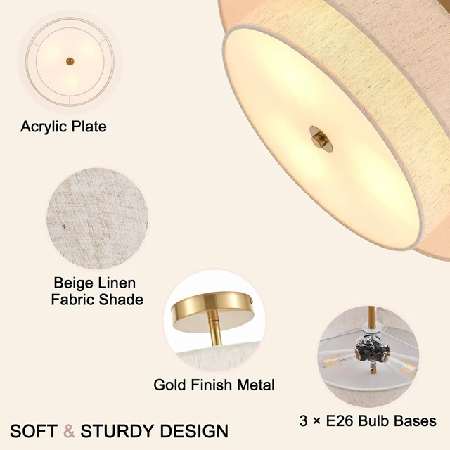 Alt view image 4 of 7 - 18" Gold Semi Flush Mount Ceiling Light, 3-Light Double Drum
