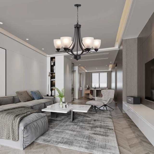 Alt view image 2 of 7 - Contemporary Chandeliers 6 Light Black Modern Pendant Light Rustic Vintage Dining Room Lighting Fixtures Hanging, Flush Mount Ceiling Light for Bedroom Living Room