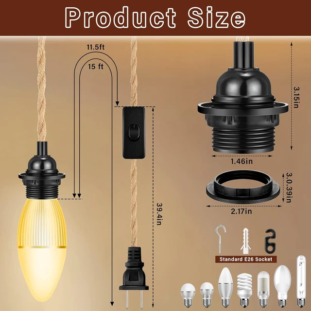 Alt view image 2 of 6 - Kingdder 6 Pcs Pendant Light Cord Kit 15 ft Plug in E26 Socket Switch