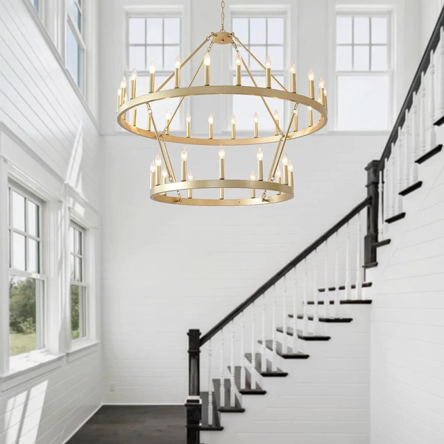 Alt view image 7 of 7 - HHR 48" Gold Wagon Wheel Chandelier Foyer Chandeliers for High Ceilings