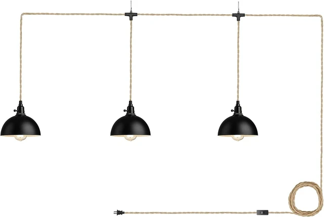 Main image of zeyu 3-Light Plug in Pendant Light, Metal Dome Shade, Black, ZYC49-3 BK