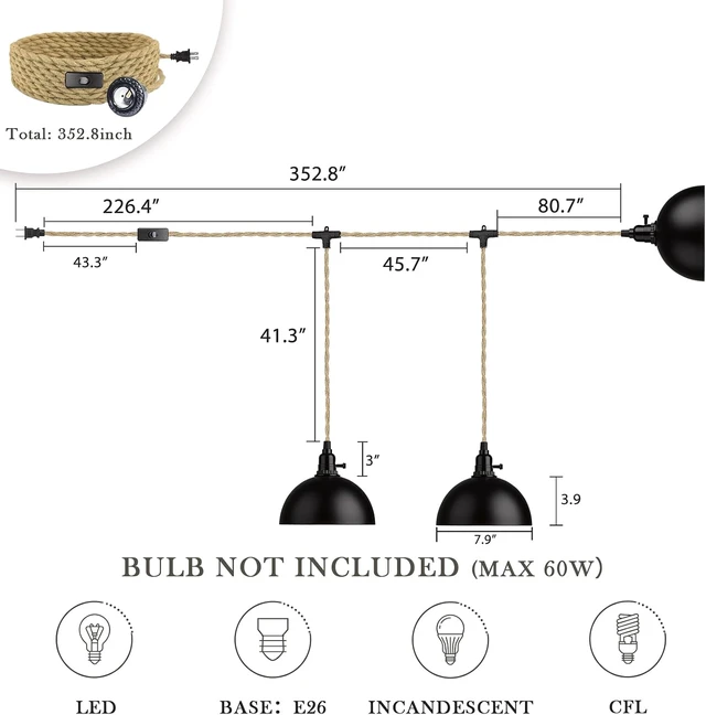 Alt view image 6 of 6 - zeyu 3-Light Plug in Pendant Light, Metal Dome Shade, Black, ZYC49-3 BK