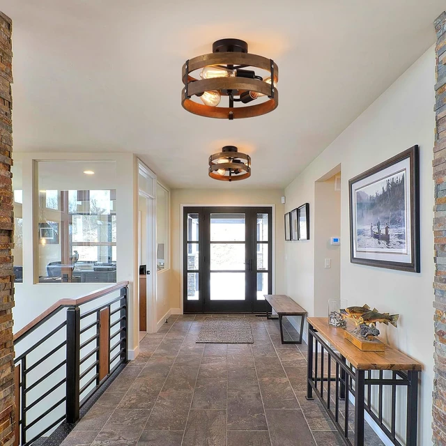 Alt view image 2 of 7 - 3-Light Rustic Farmhouse Wood Flush Mount Ceiling Light Fixture 12.59 inch Oak Wood and Metal Round Cage Semi Flush Mount Ceiling Light for Hallway Entry Bedroom Kitchen Hall Farmhouse, Black