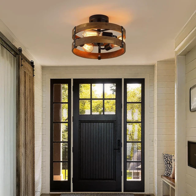 Alt view image 3 of 7 - 3-Light Rustic Farmhouse Wood Flush Mount Ceiling Light Fixture 12.59 inch Oak Wood and Metal Round Cage Semi Flush Mount Ceiling Light for Hallway Entry Bedroom Kitchen Hall Farmhouse, Black