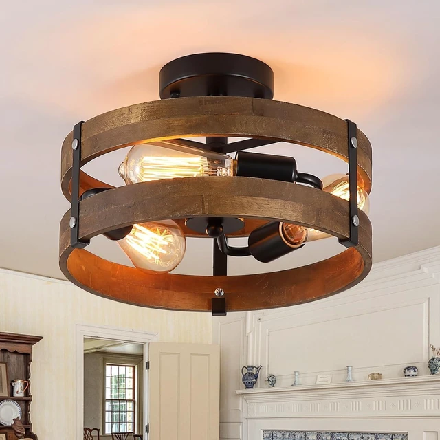 Main image of 3-Light Rustic Farmhouse Wood Flush Mount Ceiling Light Fixture 12.59 inch Oak Wood and Metal Round Cage Semi Flush Mount Ceiling Light for Hallway Entry Bedroom Kitchen Hall Farmhouse, Black