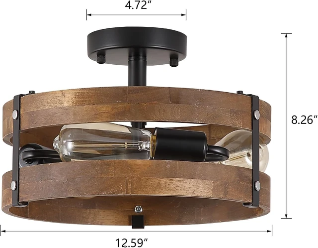 Alt view image 4 of 7 - 3-Light Rustic Farmhouse Wood Flush Mount Ceiling Light Fixture 12.59 inch Oak Wood and Metal Round Cage Semi Flush Mount Ceiling Light for Hallway Entry Bedroom Kitchen Hall Farmhouse, Black
