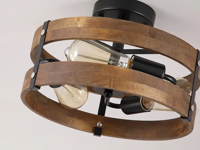 Alt view image 5 of 7 - 3-Light Rustic Farmhouse Wood Flush Mount Ceiling Light Fixture 12.59 inch Oak Wood and Metal Round Cage Semi Flush Mount Ceiling Light for Hallway Entry Bedroom Kitchen Hall Farmhouse, Black