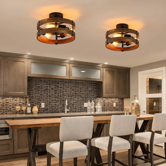 Alt view image 7 of 7 - 3-Light Rustic Farmhouse Wood Flush Mount Ceiling Light Fixture 12.59 inch Oak Wood and Metal Round Cage Semi Flush Mount Ceiling Light for Hallway Entry Bedroom Kitchen Hall Farmhouse, Black