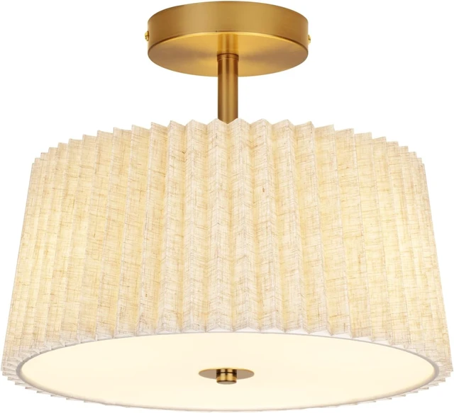 Main image of 13 Inch Linen Pleated Semi Flush Mount Ceiling Light Fixture, Modern Cone Drum Dimmable Lamp for Bedroom, Kitchen, Dining Room, Hallway, Nursery, Entryway, Foyer Lighting, Gold