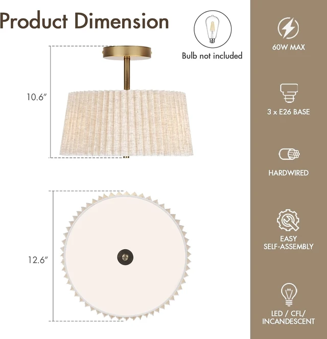 Alt view image 2 of 7 - 13 Inch Linen Pleated Semi Flush Mount Ceiling Light Fixture, Modern Cone Drum Dimmable Lamp for Bedroom, Kitchen, Dining Room, Hallway, Nursery, Entryway, Foyer Lighting, Gold