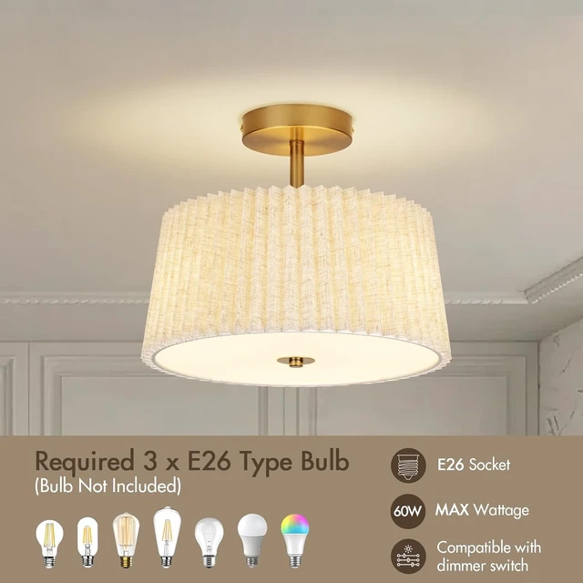 Alt view image 3 of 7 - 13 Inch Linen Pleated Semi Flush Mount Ceiling Light Fixture, Modern Cone Drum Dimmable Lamp for Bedroom, Kitchen, Dining Room, Hallway, Nursery, Entryway, Foyer Lighting, Gold