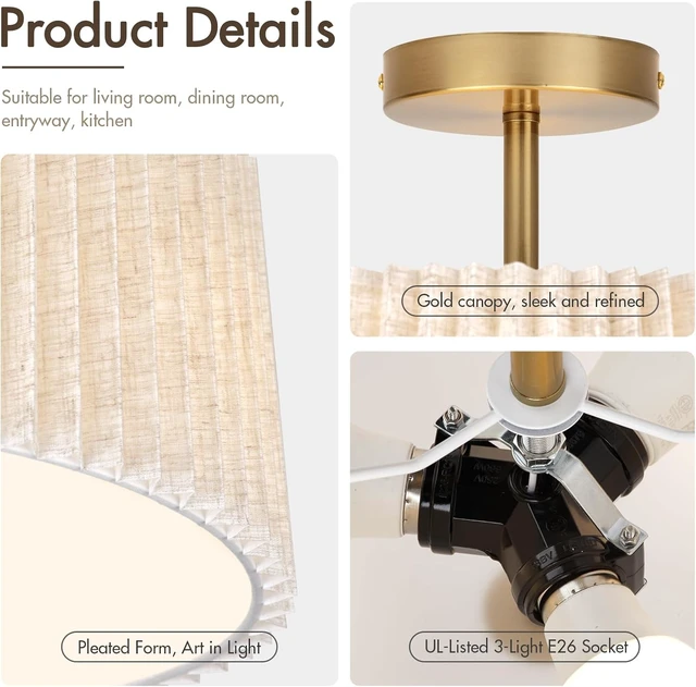 Alt view image 4 of 7 - 13 Inch Linen Pleated Semi Flush Mount Ceiling Light Fixture, Modern Cone Drum Dimmable Lamp for Bedroom, Kitchen, Dining Room, Hallway, Nursery, Entryway, Foyer Lighting, Gold