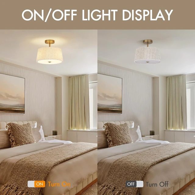 Alt view image 5 of 7 - 13 Inch Linen Pleated Semi Flush Mount Ceiling Light Fixture, Modern Cone Drum Dimmable Lamp for Bedroom, Kitchen, Dining Room, Hallway, Nursery, Entryway, Foyer Lighting, Gold