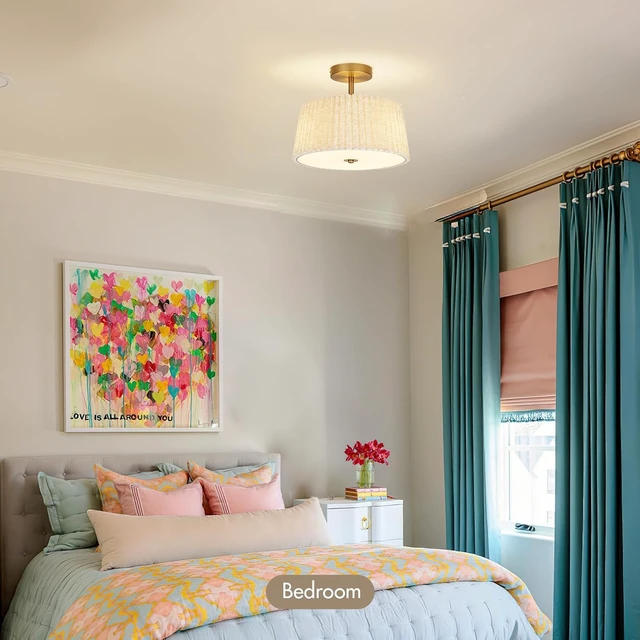 Alt view image 7 of 7 - 13 Inch Linen Pleated Semi Flush Mount Ceiling Light Fixture, Modern Cone Drum Dimmable Lamp for Bedroom, Kitchen, Dining Room, Hallway, Nursery, Entryway, Foyer Lighting, Gold