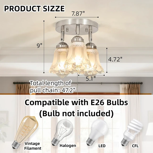 Alt view image 3 of 6 - 3-Light Flush Mount Ceiling Light with Pull Chain