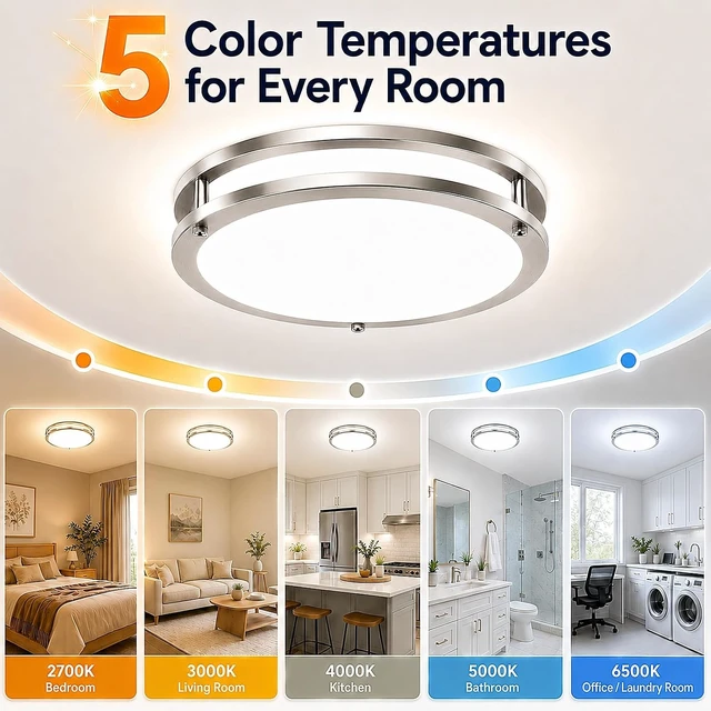 Alt view image 3 of 7 - 2-Pack 13in LED Flush Mount Ceiling Light Fixtures, 36W 3600LM Dimmable Close to Ceiling Light, 5CCT 2700K-6500K Adjustable, Modern Brushed Nickel Ceiling Lights for Kitchen Bedroom Bathroom Hallway
